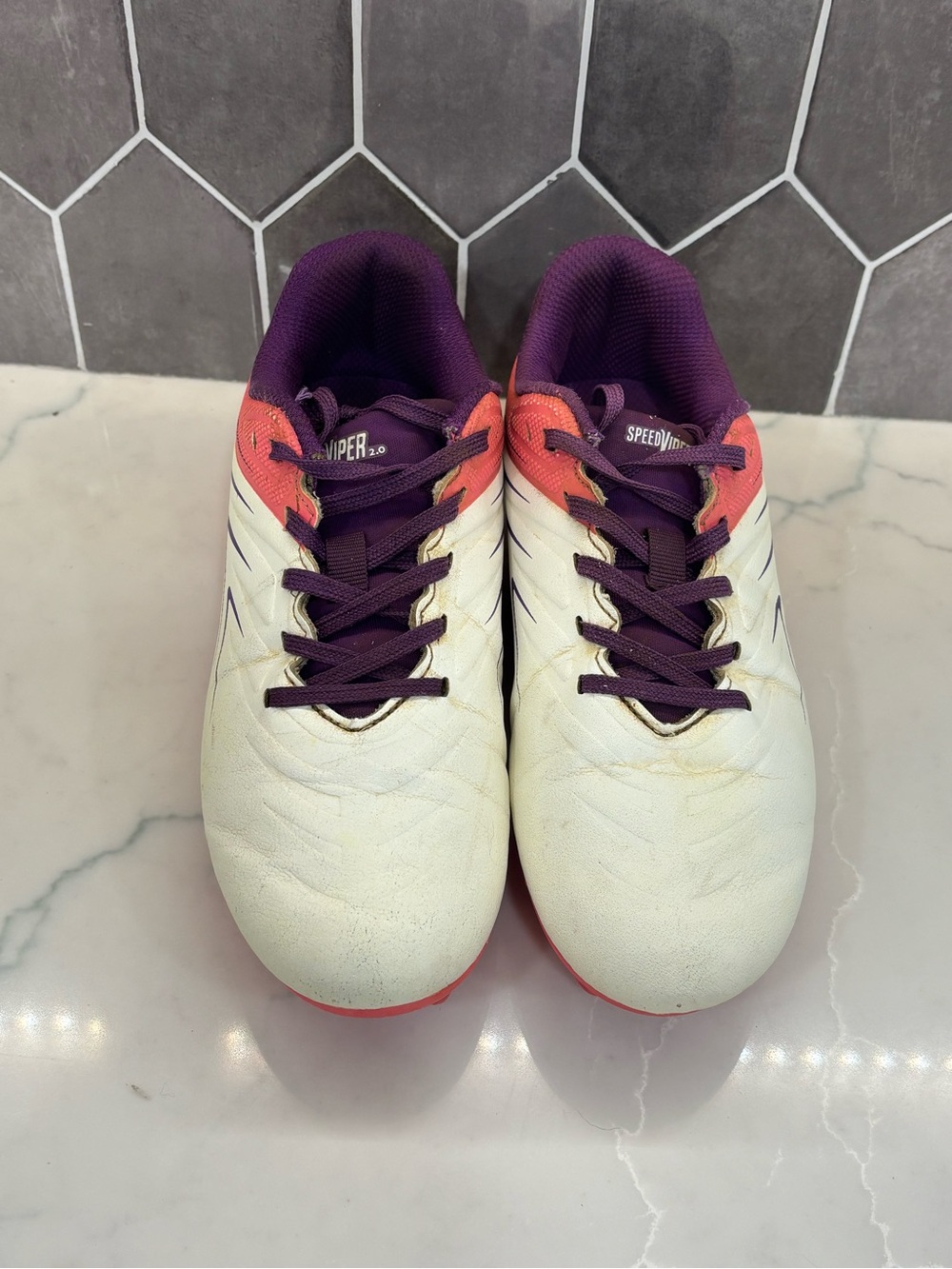 Girls DSG White Soccer Cleats with Purple Laces and Coral Accents